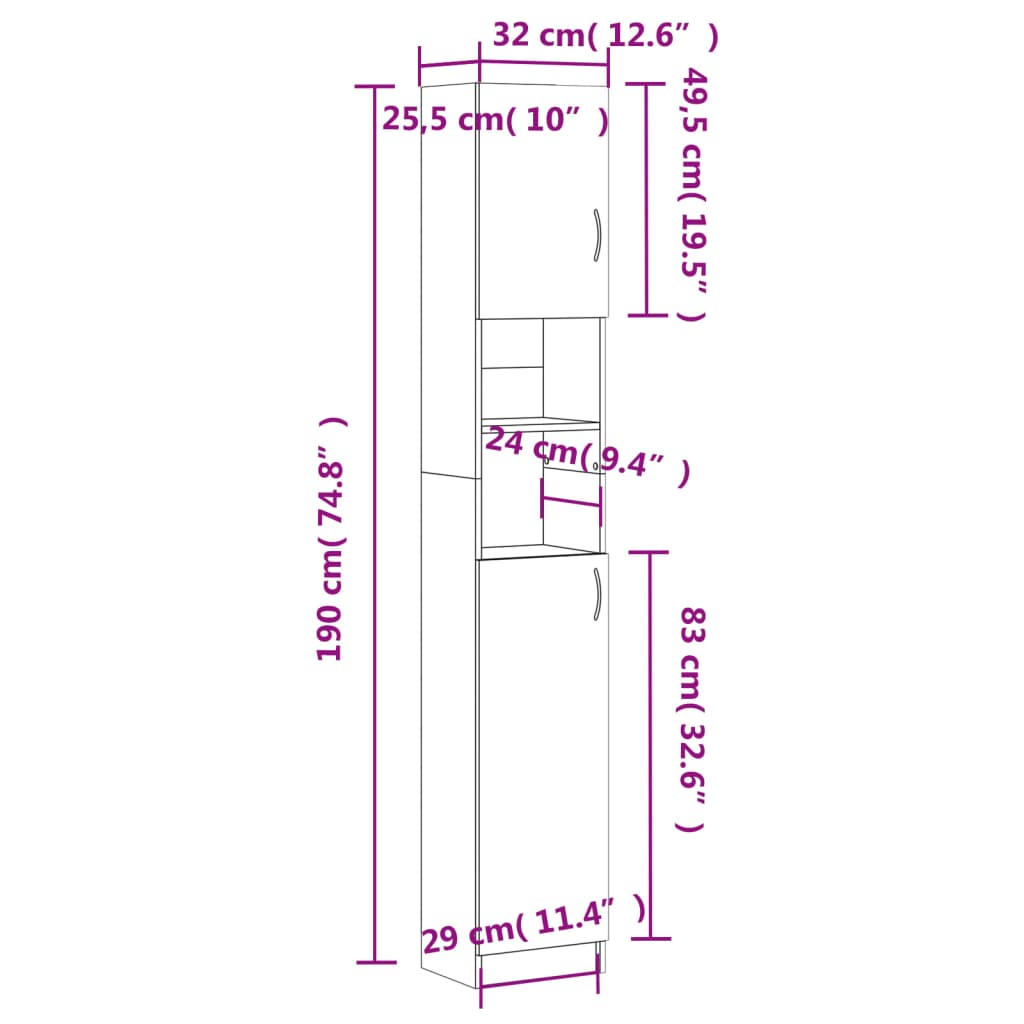 vidaXL vannasistabas skapis, ozola, 32x25,5x190 cm, inženierijas koks