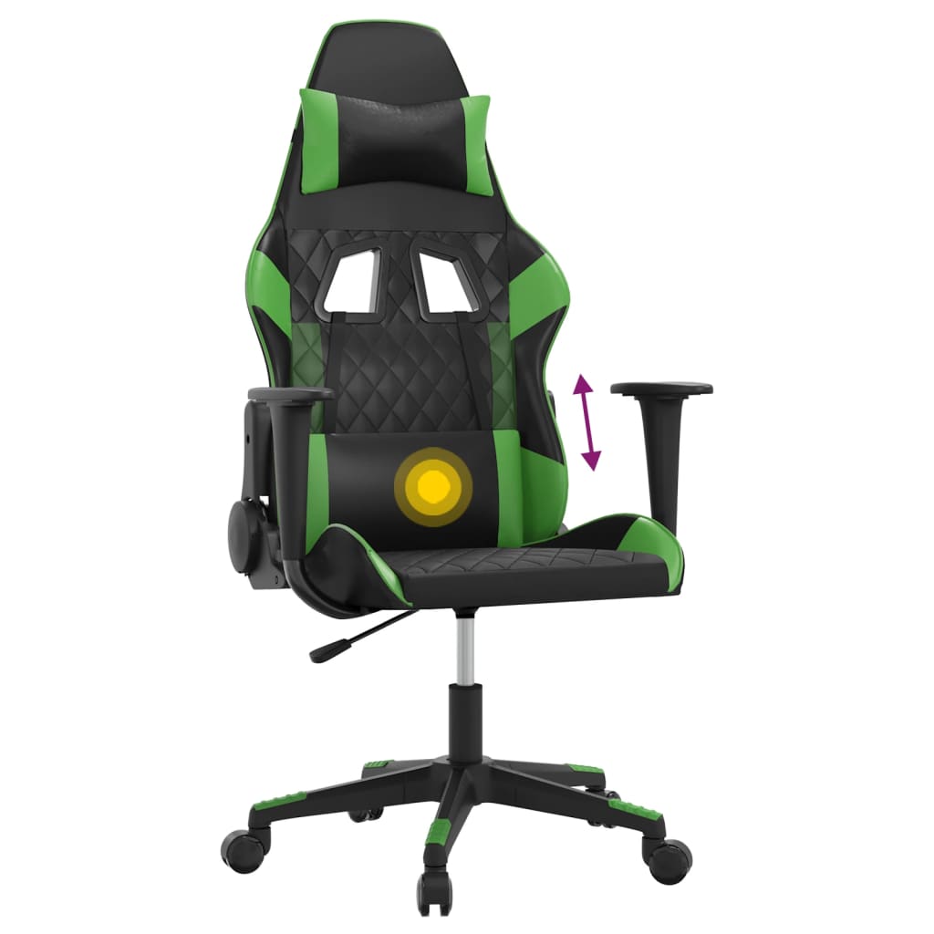 vidaXL masāžas datorspēļu krēsls, melna un zaļa mākslīgā āda