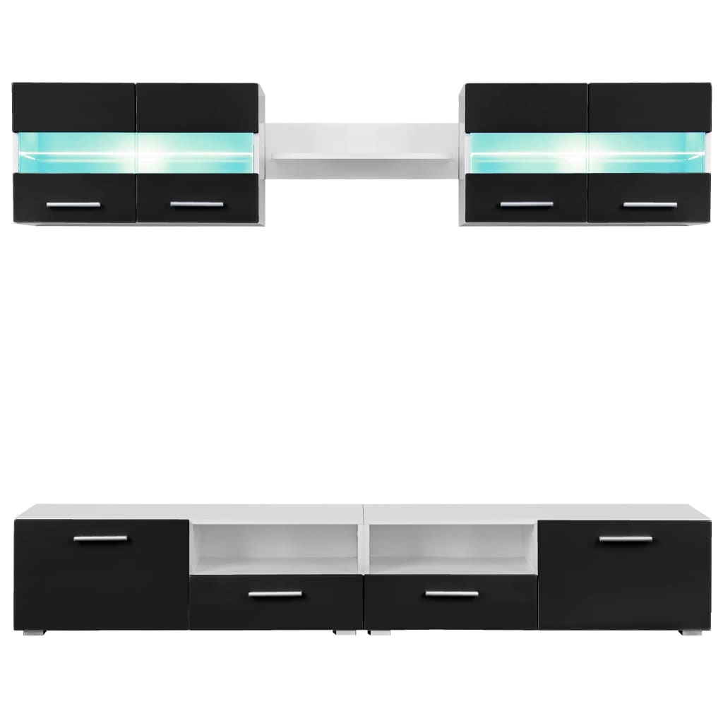 vidaXL TV sienas sekcija ar LED gaismām, 5 daļas, spīdīgi melna