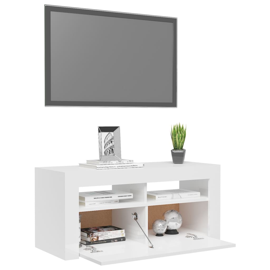 vidaXL TV galdiņš ar LED lampiņām, 90x35x40 cm, spīdīgi balts