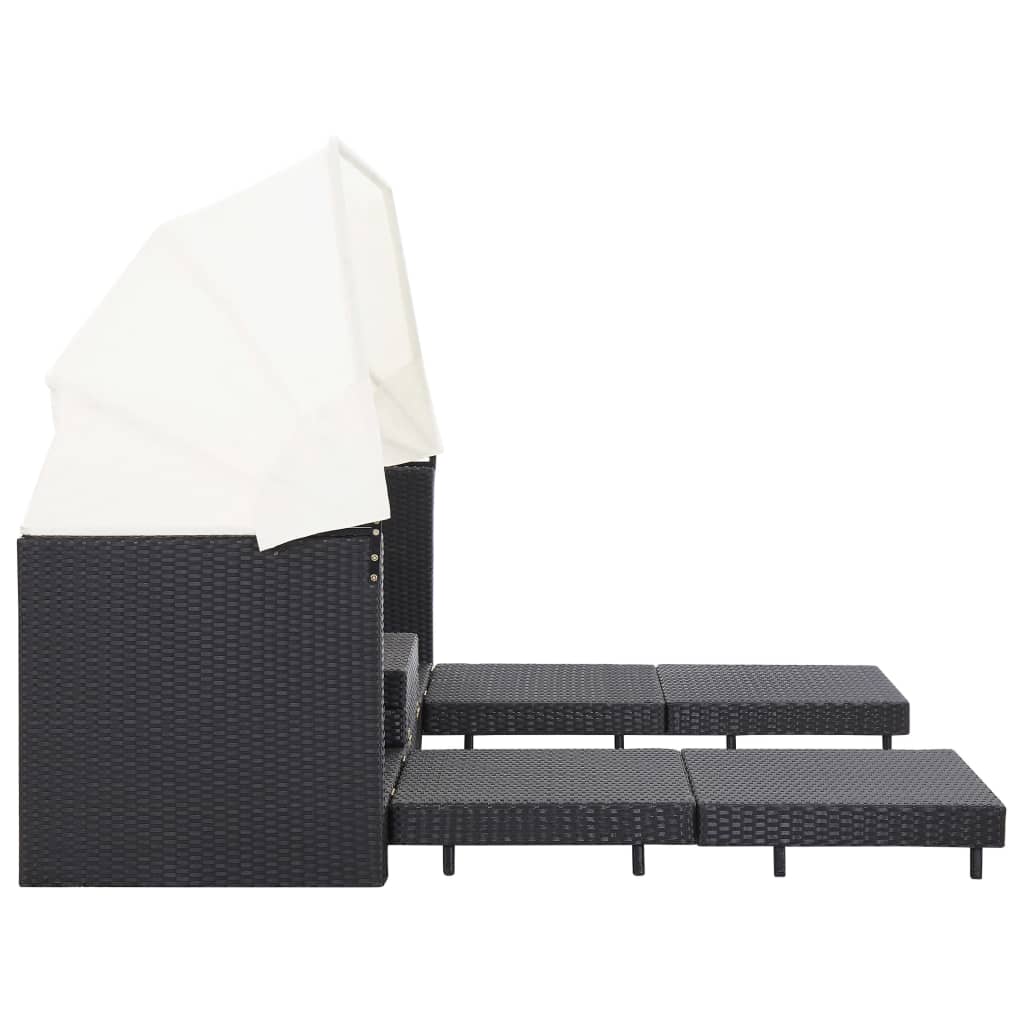 vidaXL izvelkams dīvāns ar jumtu, trīsvietīgs, melna PE rotangpalma