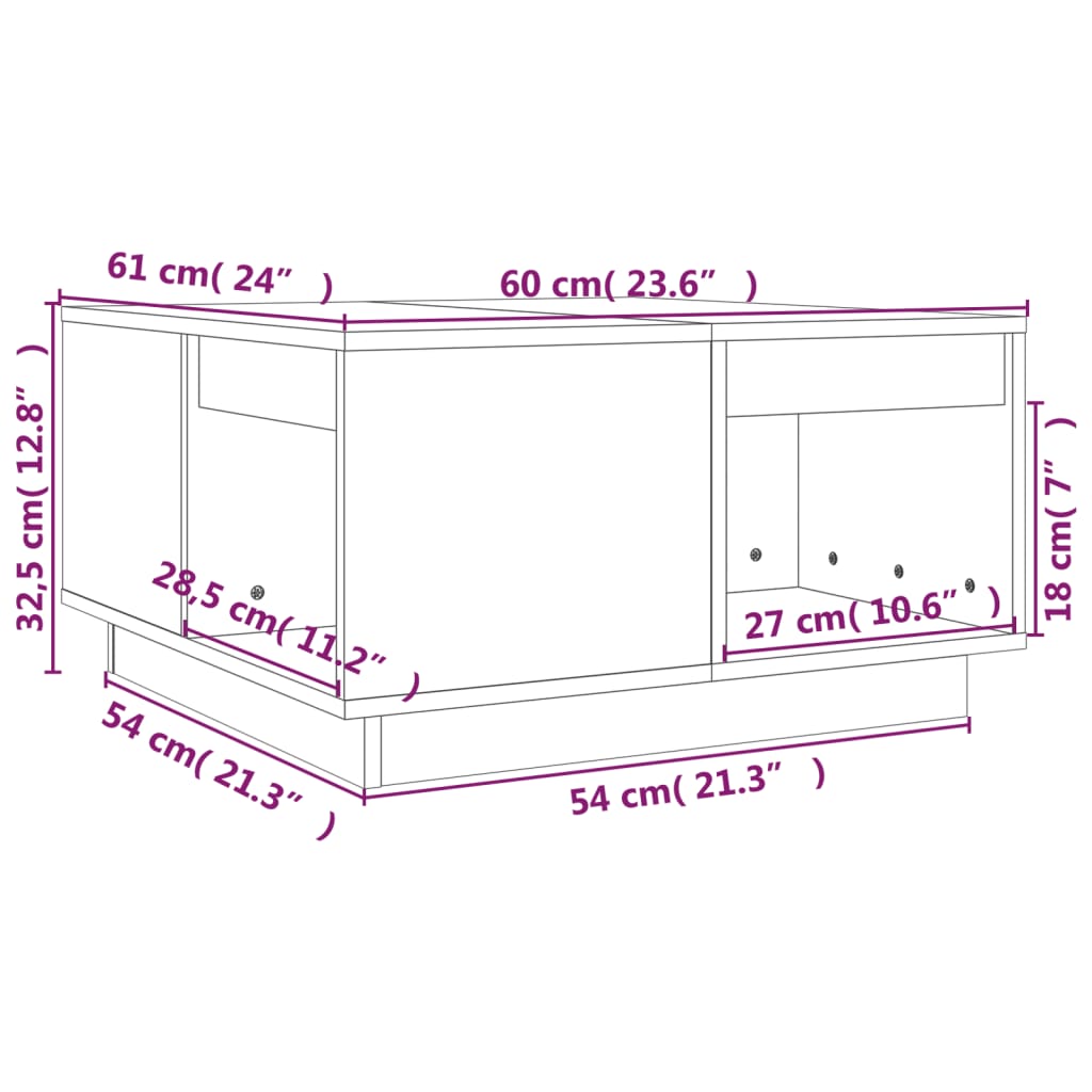 vidaXL kafijas galdiņš, 60x61x32,5 cm, priedes masīvkoks