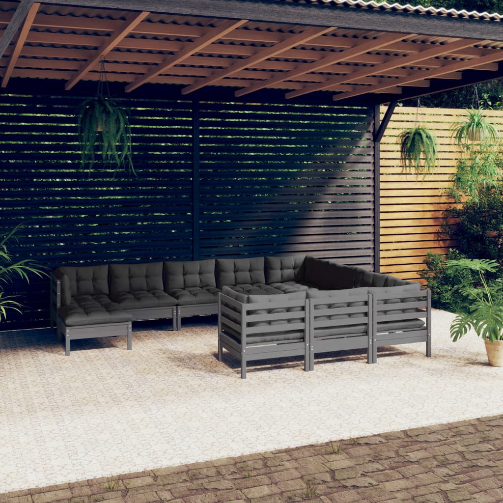vidaXL 11-daļīgs dārza mēbeļu komplekts ar matračiem, pelēka priede