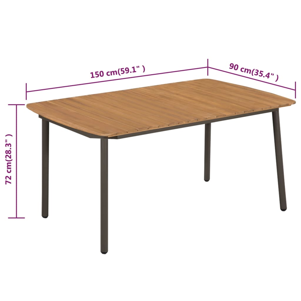 vidaXL dārza galds, 150x90x72 cm, akācijas masīvkoks, tērauds