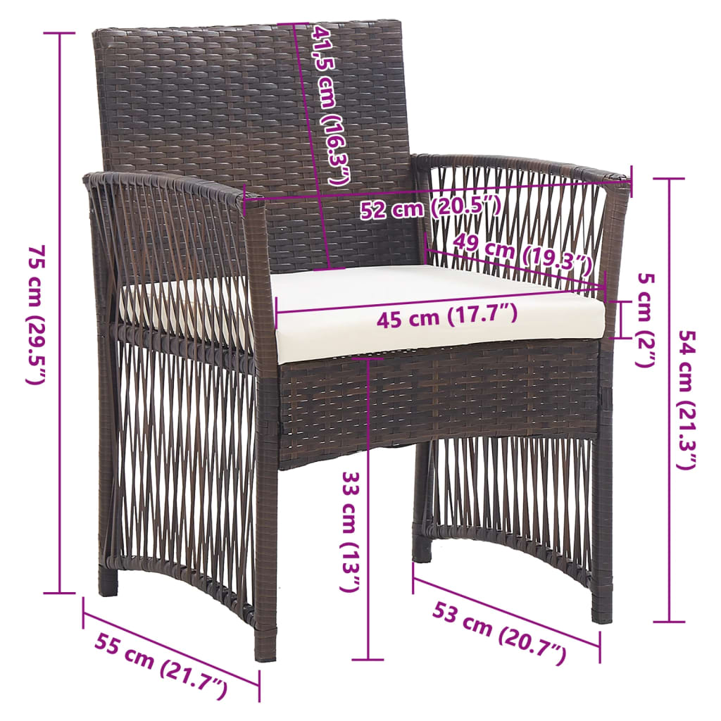 vidaXL dārza atpūtas krēsli ar matračiem, 2 gab., brūna PE rotangpalma
