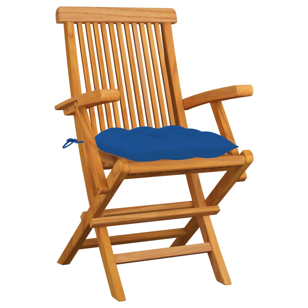 vidaXL dārza krēsli, zili matrači, 3 gab., masīvs tīkkoks