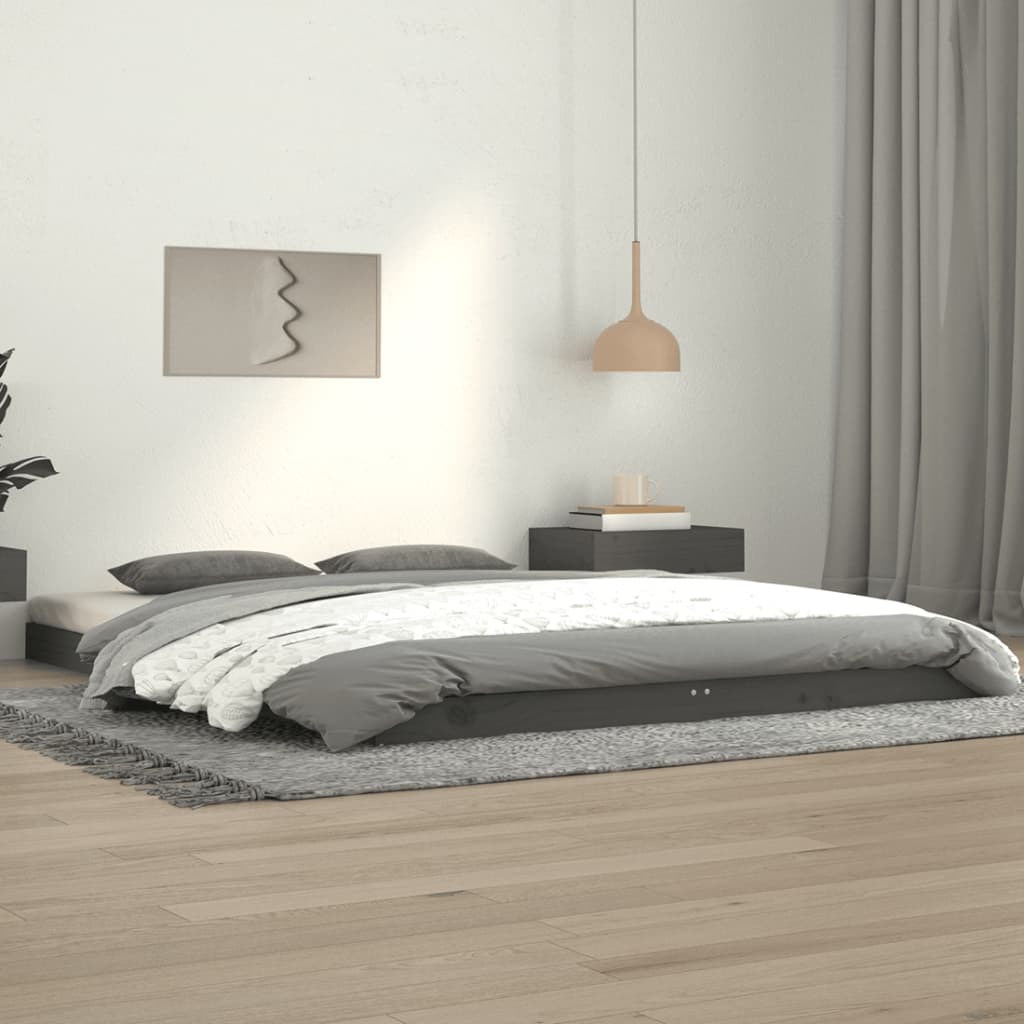 vidaXL gultas rāmis, pelēks, 140x190 cm, priedes masīvkoks