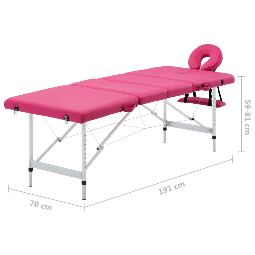 vidaXL saliekams masāžas galds, 4 daļas, alumīnijs, rozā