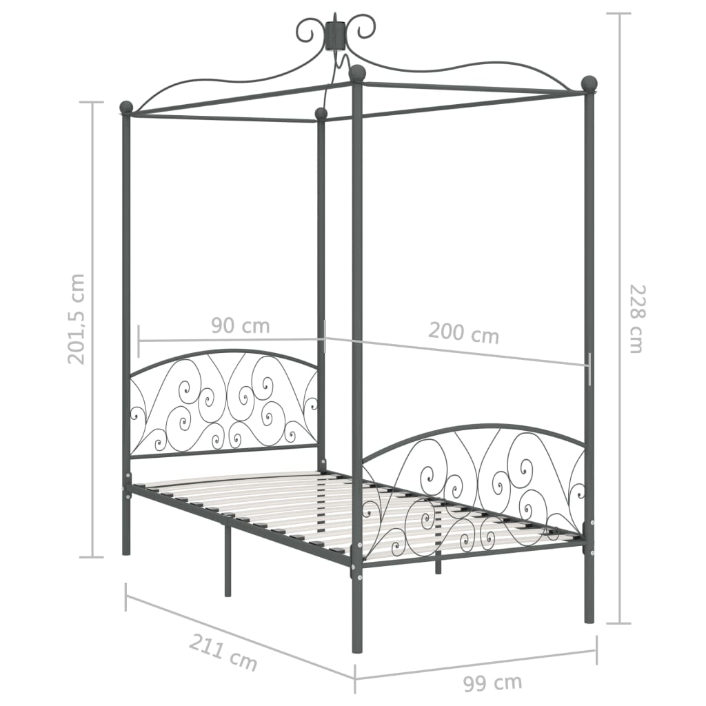 vidaXL gultas rāmis ar nojumi, pelēks, metāls, 90x200 cm