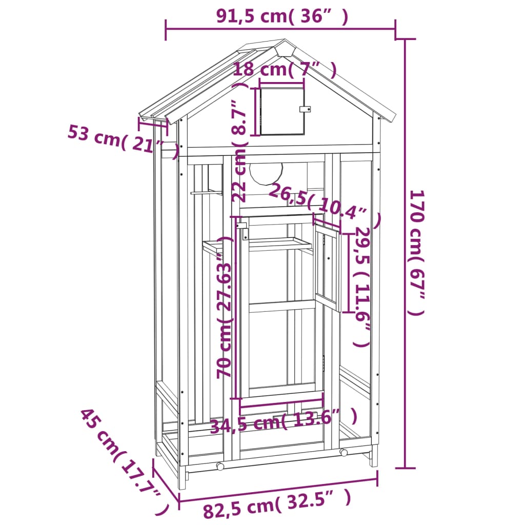 vidaXL putnu māja, pelēka, 91,5x53x170 cm, priedes masīvkoks