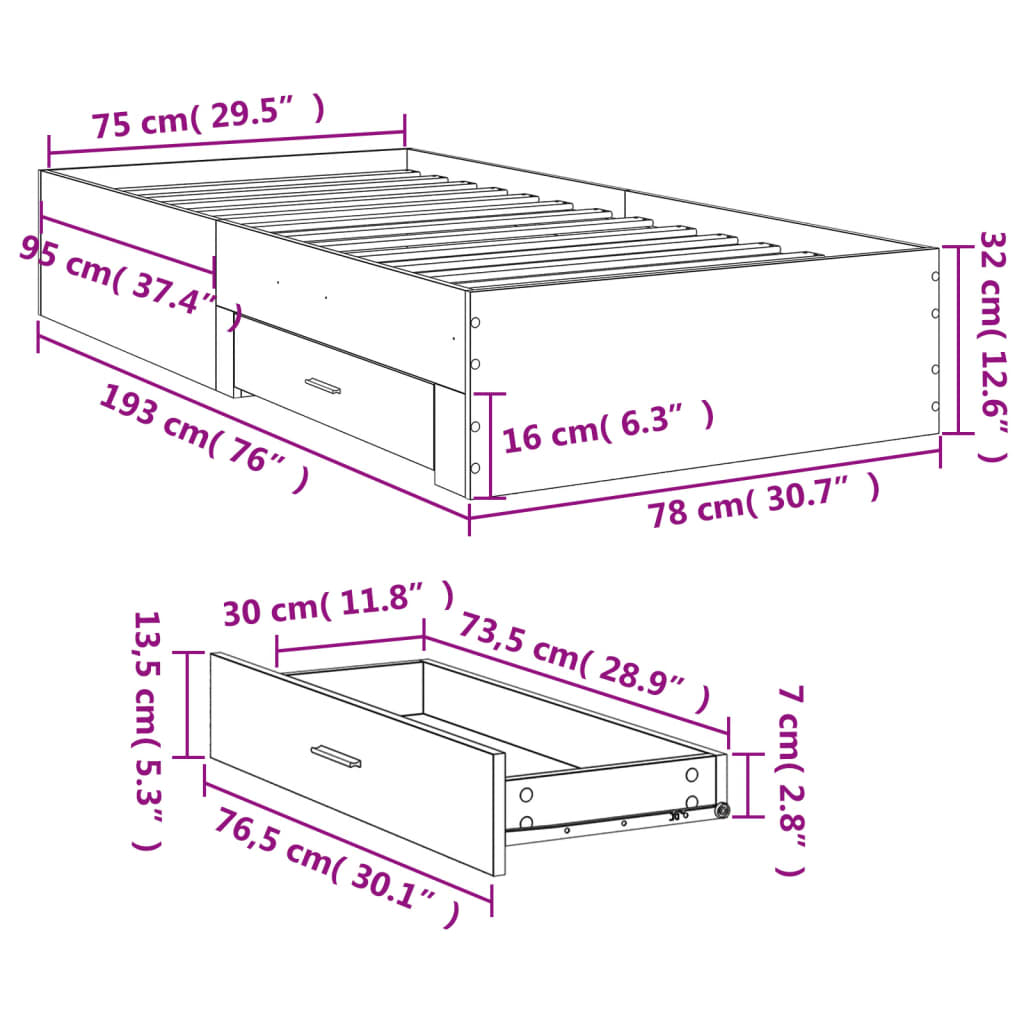 vidaXL gultas rāmis ar atvilktnēm, betona pelēks, 120x200 cm