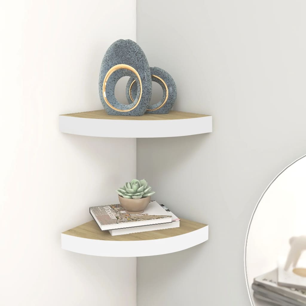 vidaXL stūra sienas plaukti, 2 gab., ozola, balti, 25x25x3,8 cm, MDF