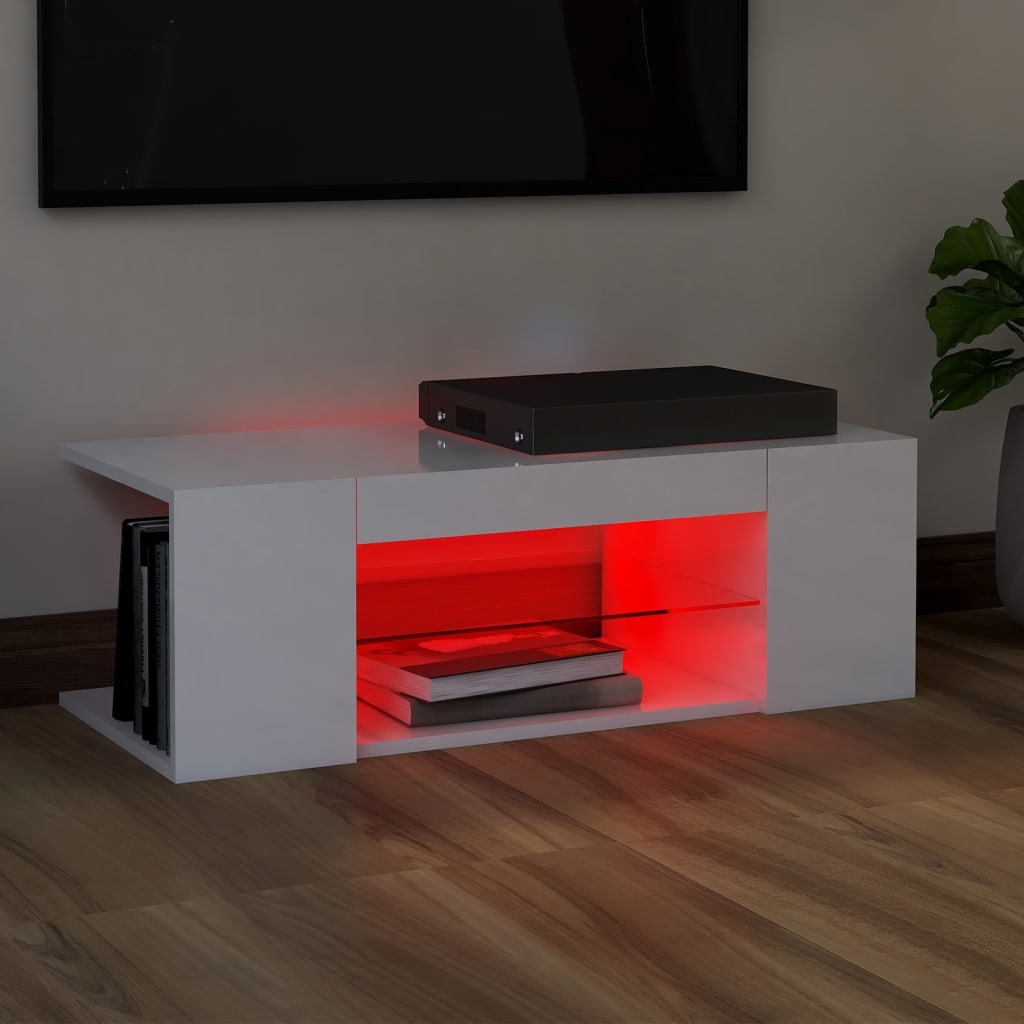 vidaXL TV galdiņš ar LED lampiņām, 90x39x30 cm, spīdīgi balts