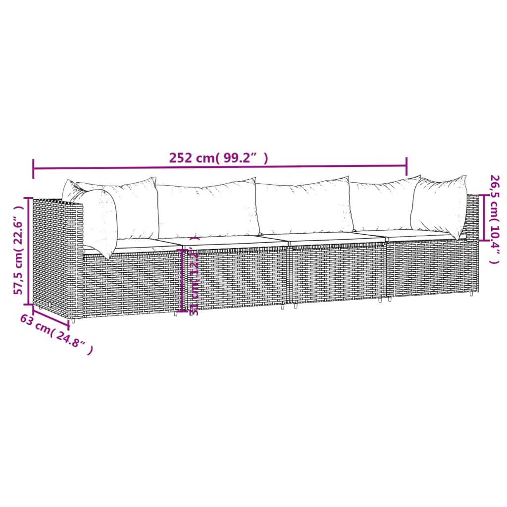 vidaXL 4-daļīgs dārza atpūtas mēbeļu komplekts ar matračiem, melns PE