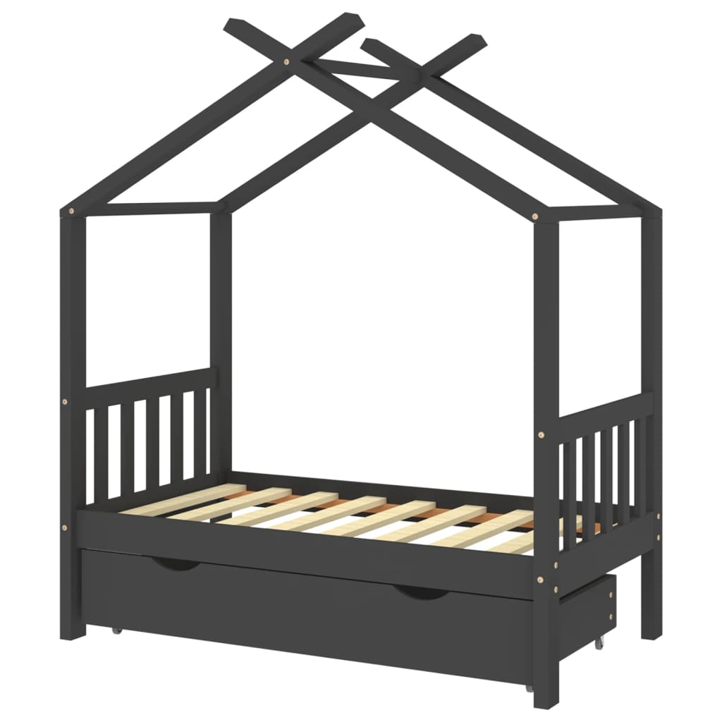 vidaXL bērnu gultas rāmis ar atvilktni, tumši pelēks, priede, 70x140cm