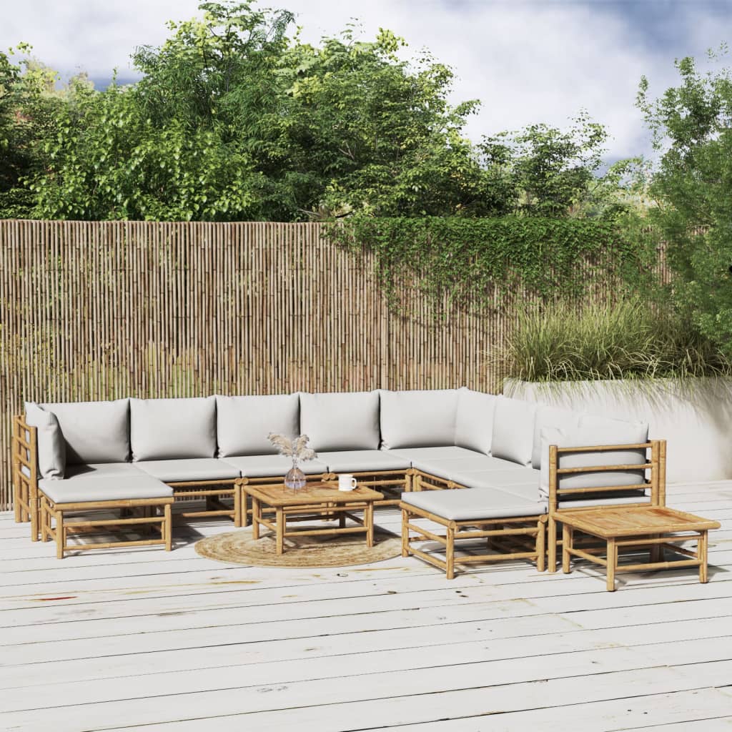 vidaXL 12-daļīgs dārza dīvānu komplekts ar pelēkiem matračiem, bambuss