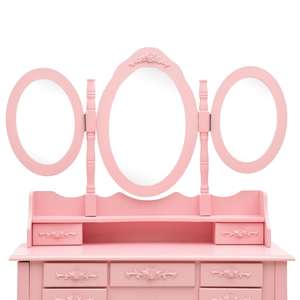 vidaXL spoguļgaldiņš ar tabureti un 3 spoguļiem, rozā