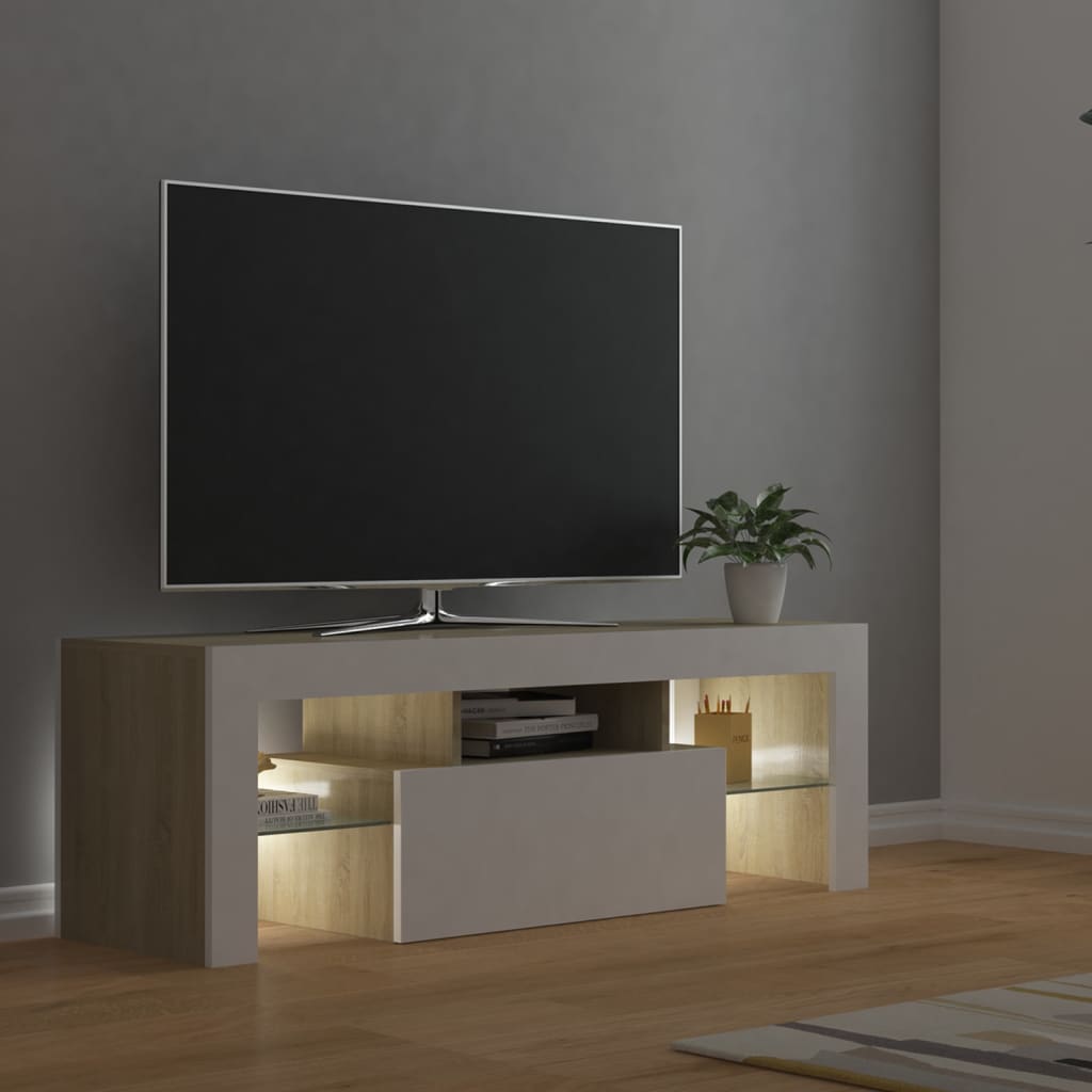 vidaXL TV galdiņš ar LED lampiņām, 120x35x40 cm, baltā, ozolkoka krāsā