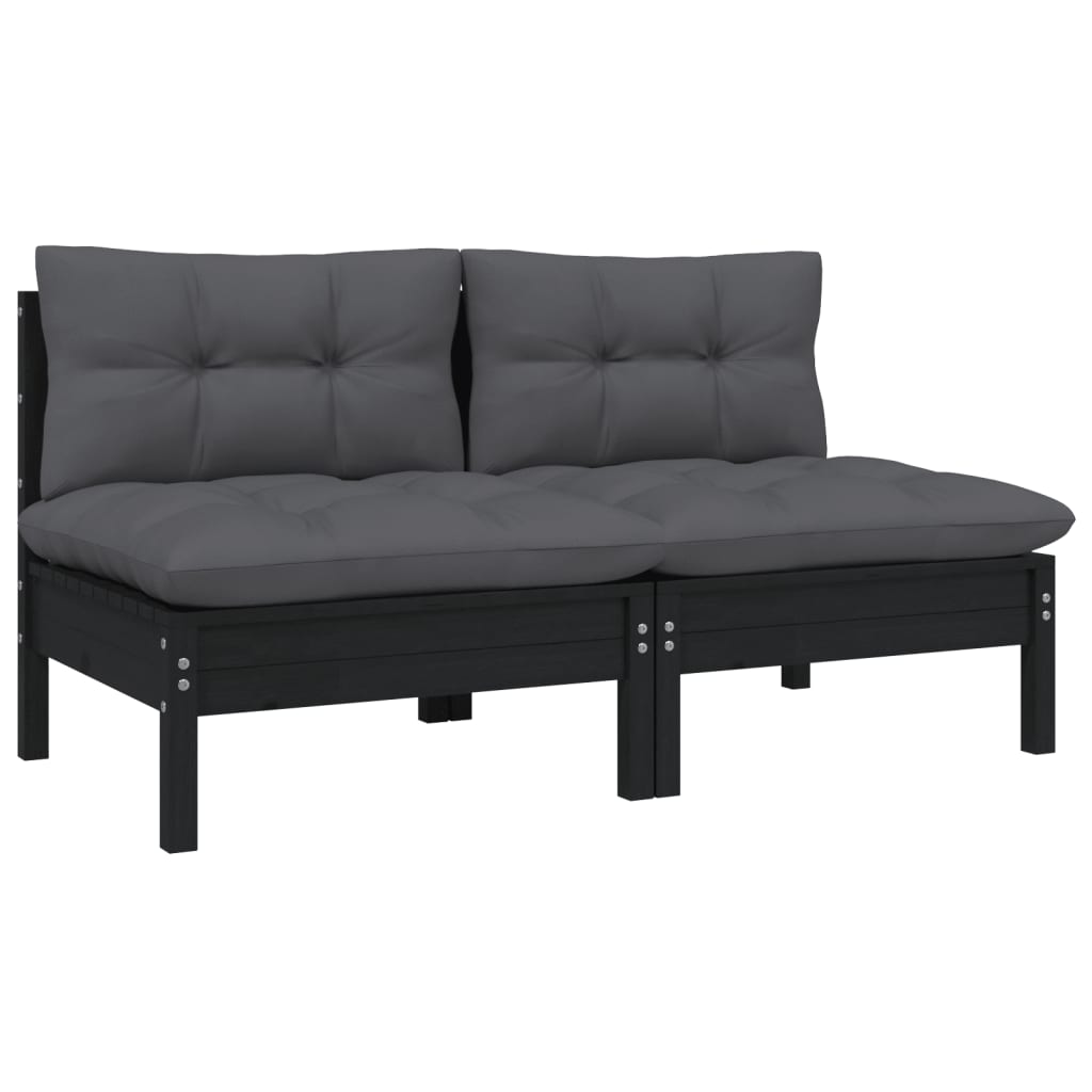 vidaXL 2-vietīgs dārza dīvāns ar spilveniem, melns priedes masīvkoks