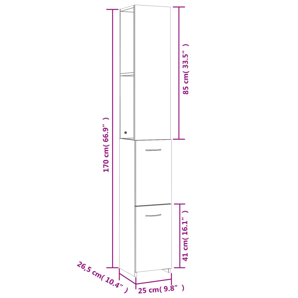 vidaXL vannasistabas skapītis, balts, 25x26,5x170cm, inženierijas koks