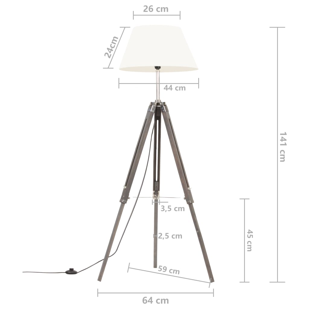 vidaXL grīdas lampa uz statīva, pelēka, balta, masīvs tīkkoks, 141 cm