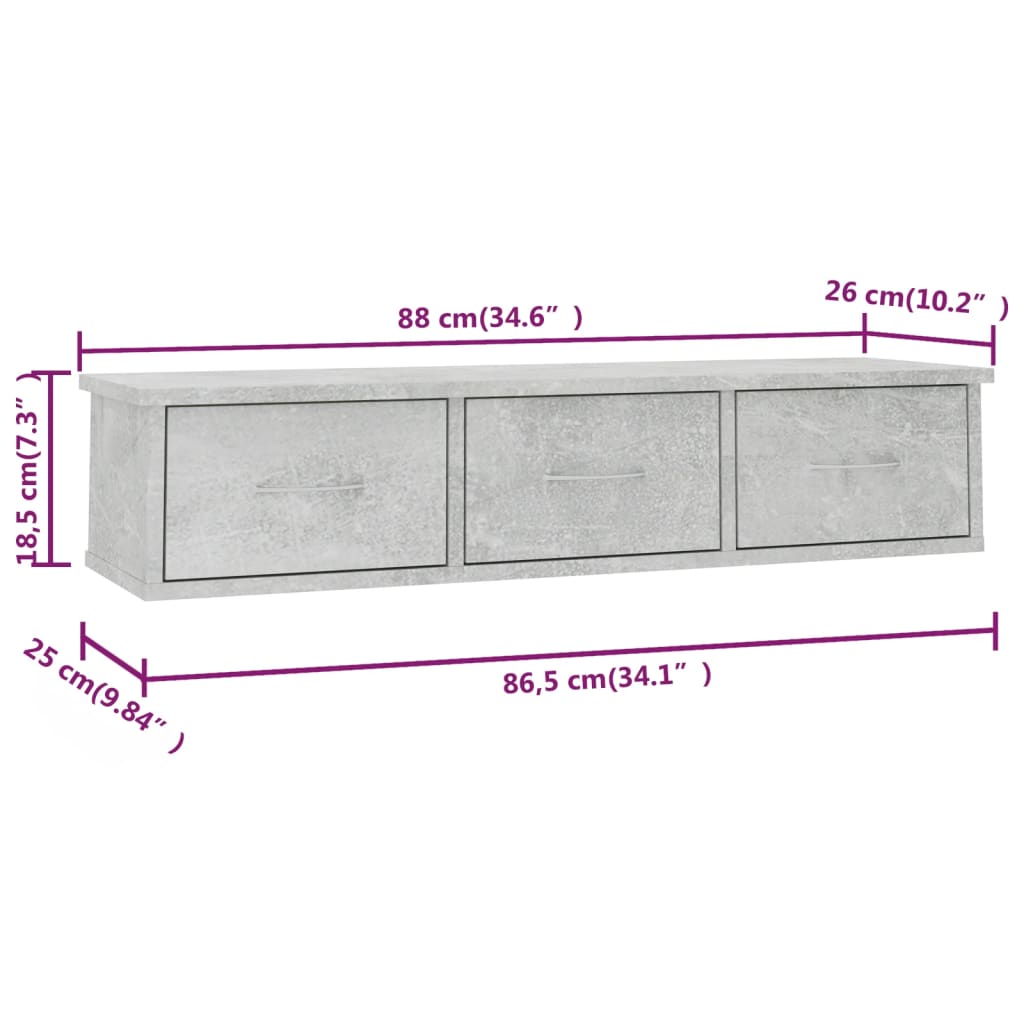 vidaXL sienas atvilktņu plaukts, 88x26x18,5 cm, skaidu plāksne