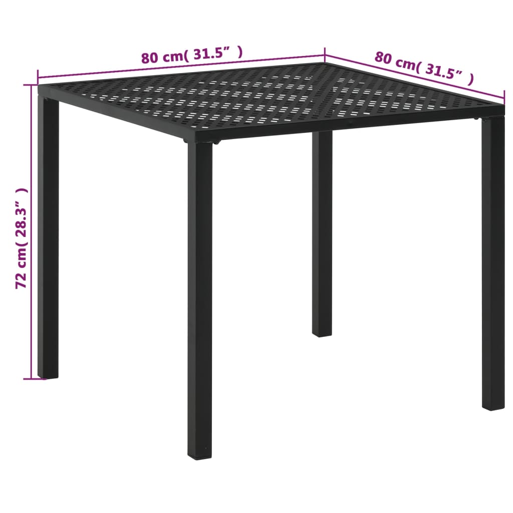 vidaXL dārza galds, 80x80x72 cm, melns, tērauds
