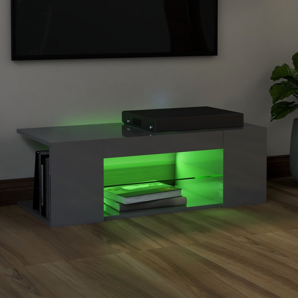 vidaXL TV galdiņš ar LED lampiņām, 90x39x30 cm, spīdīgi pelēks