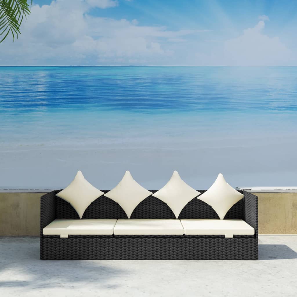 vidaXL dārza dīvāns ar matračiem un spilveniem, melna PE rotangpalma