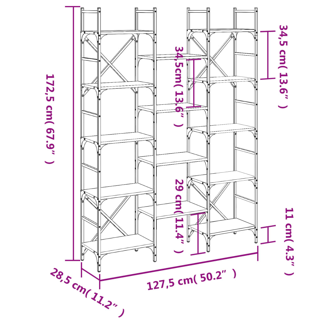 vidaXL grāmatplaukts, koka, 127,5x28,5x172,5 cm, inženierijas koks