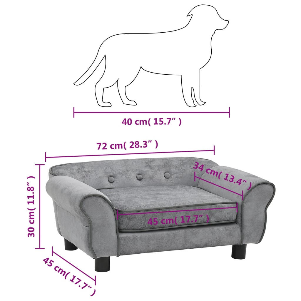 vidaXL dīvāns suņiem, pelēks, 72x45x30 cm, plīšs
