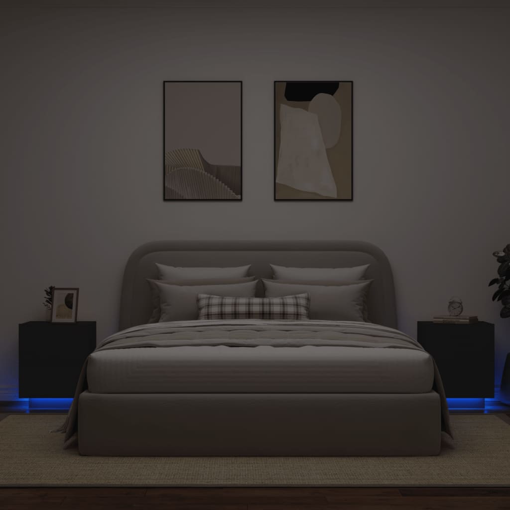 vidaXL naktsskapīši ar LED lampām, 2 gab., melns, inženierijas koks