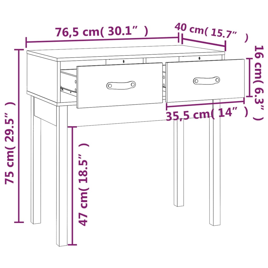 vidaXL konsoles galdiņš, balts, 76,5x40x75 cm, priedes masīvkoks