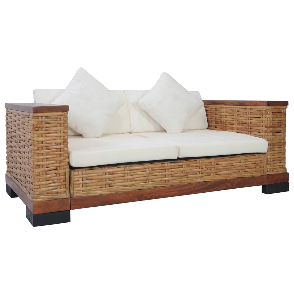 vidaXL divvietīgs dīvāns ar matračiem, dabīga rotangpalma, brūns