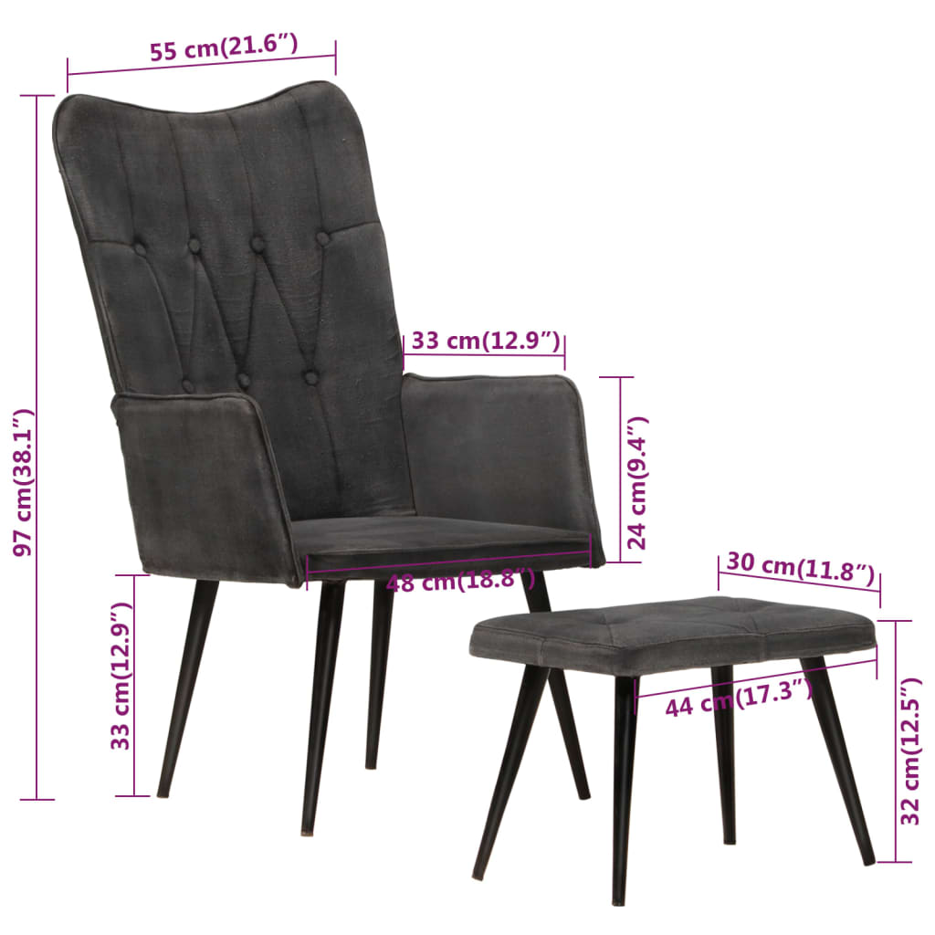 vidaXL atzveltnes krēsls ar kāju balstu, melns vintāžas audums