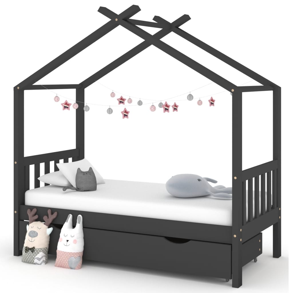 vidaXL bērnu gultas rāmis ar atvilktni, pelēks, priede, 80x160 cm