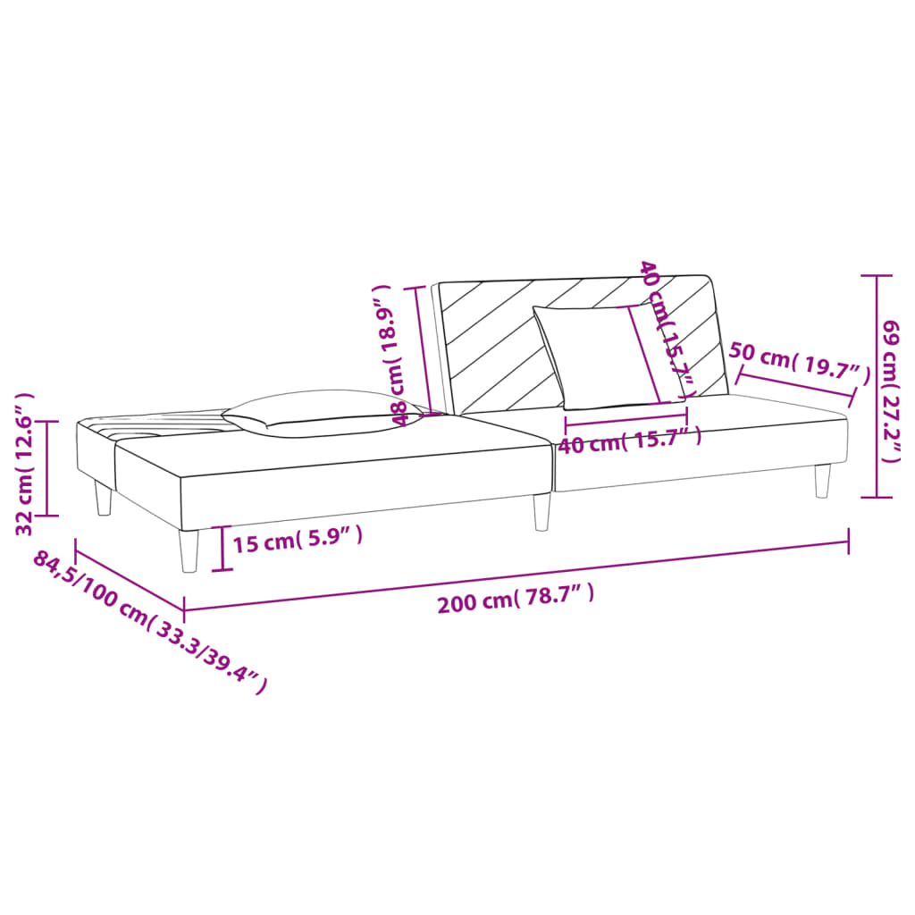 vidaXL 2-vietīga dīvāngulta ar diviem spilveniem, krēmkrāsas audums