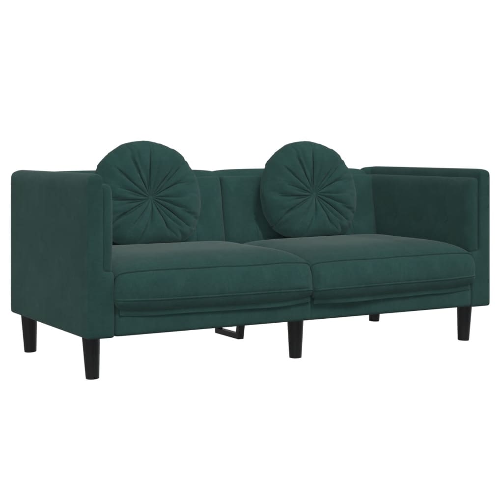 vidaXL trīsdaļīgs dīvānu komplekts ar spilveniem, tumši zaļš samts