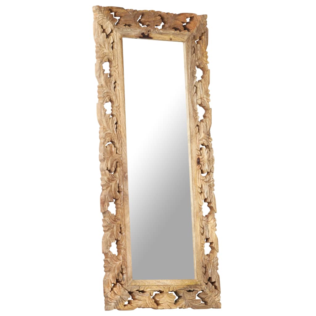 vidaXL spogulis, brūns, 110x50 cm, ar kokgriezumiem, mango masīvkoks
