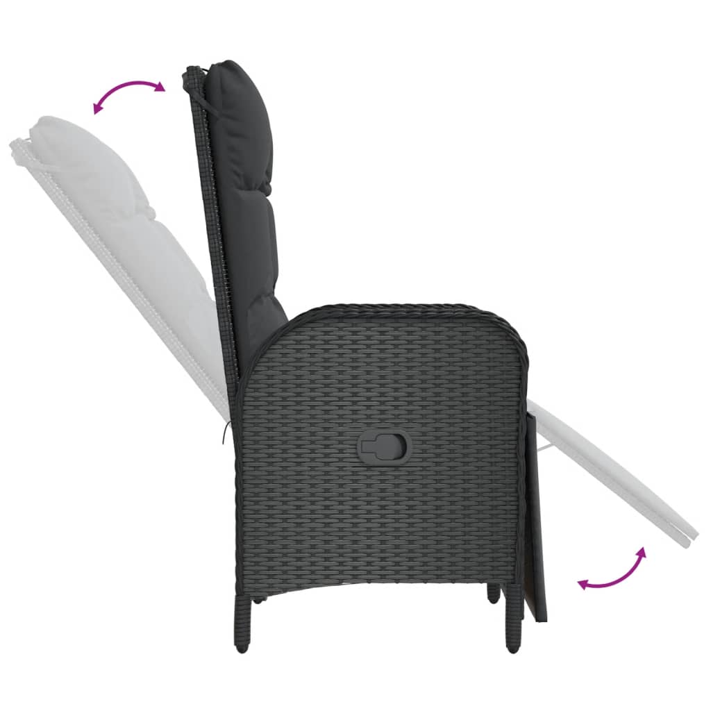 vidaXL atgāžami dārza krēsli ar galdiņu, 2 gab., melna PE rotangpalma