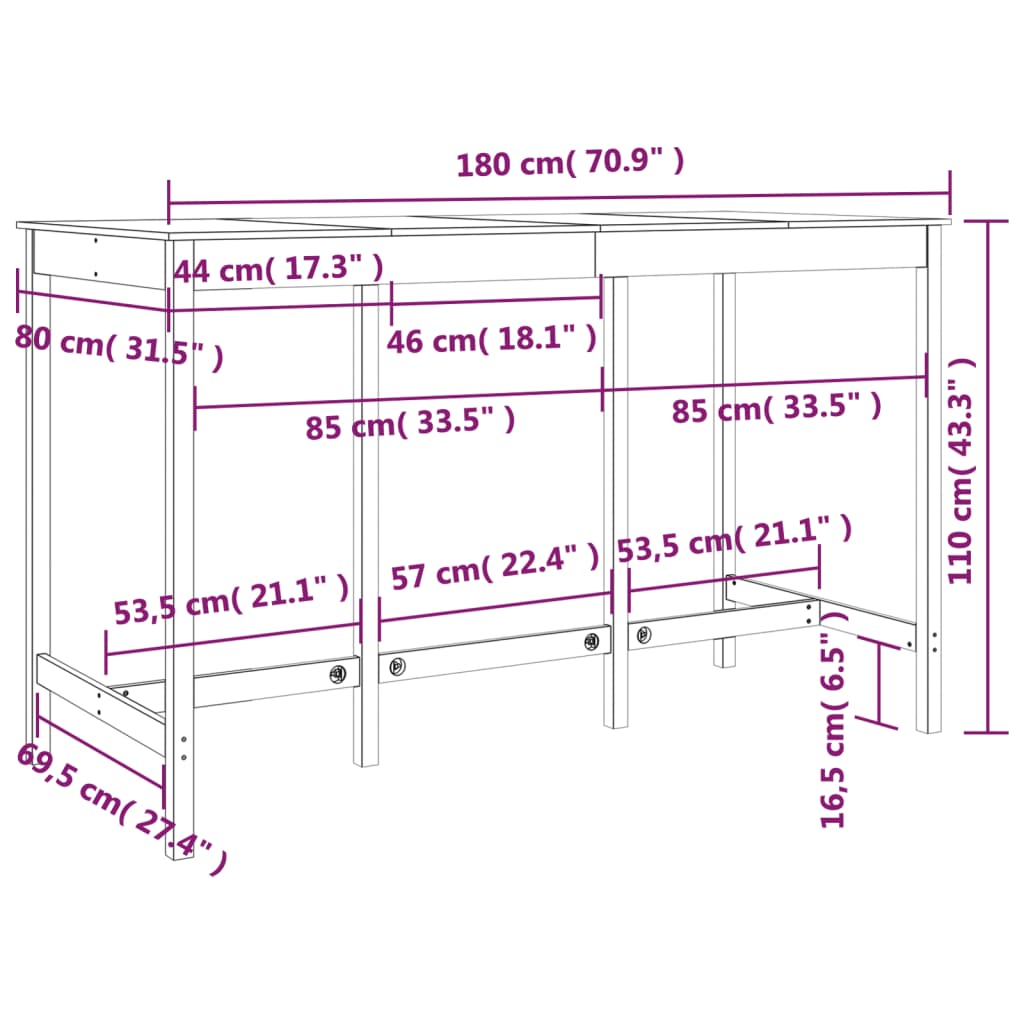 vidaXL bāra galds, pelēks, 180x80x110 cm, priedes masīvkoks