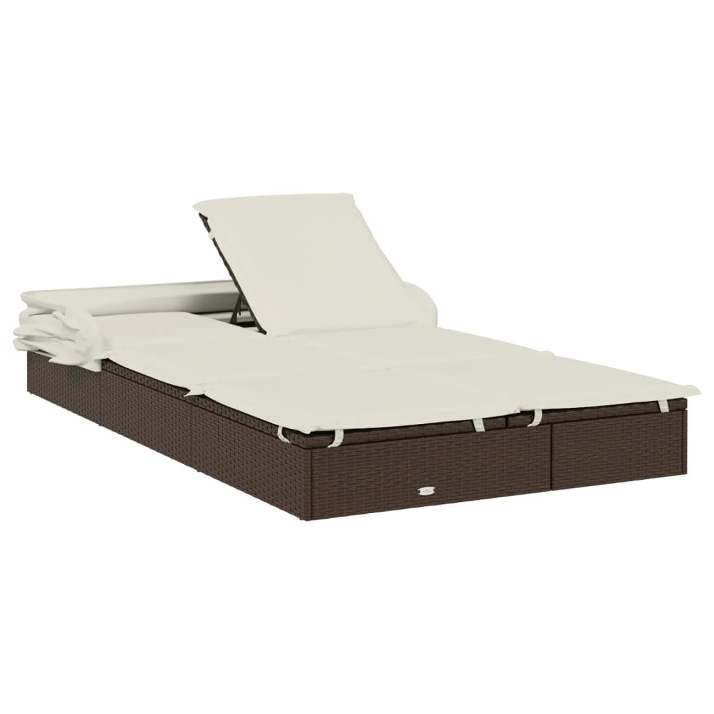 vidaXL sauļošanās gulta, saliekams jumts, brūns PE pinums, divvietīga