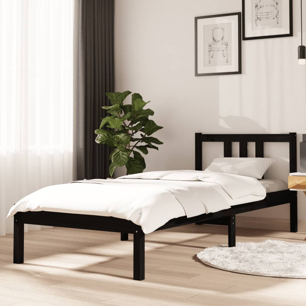 vidaXL gultas rāmis, melns, masīvkoks, 75x190 cm, mazs, vienvietīgs