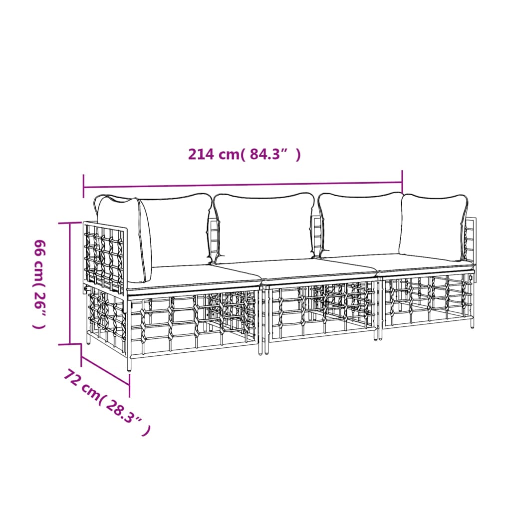 vidaXL 3-daļīgs dārza mēbeļu komplekts ar matračiem, PE rotangpalma