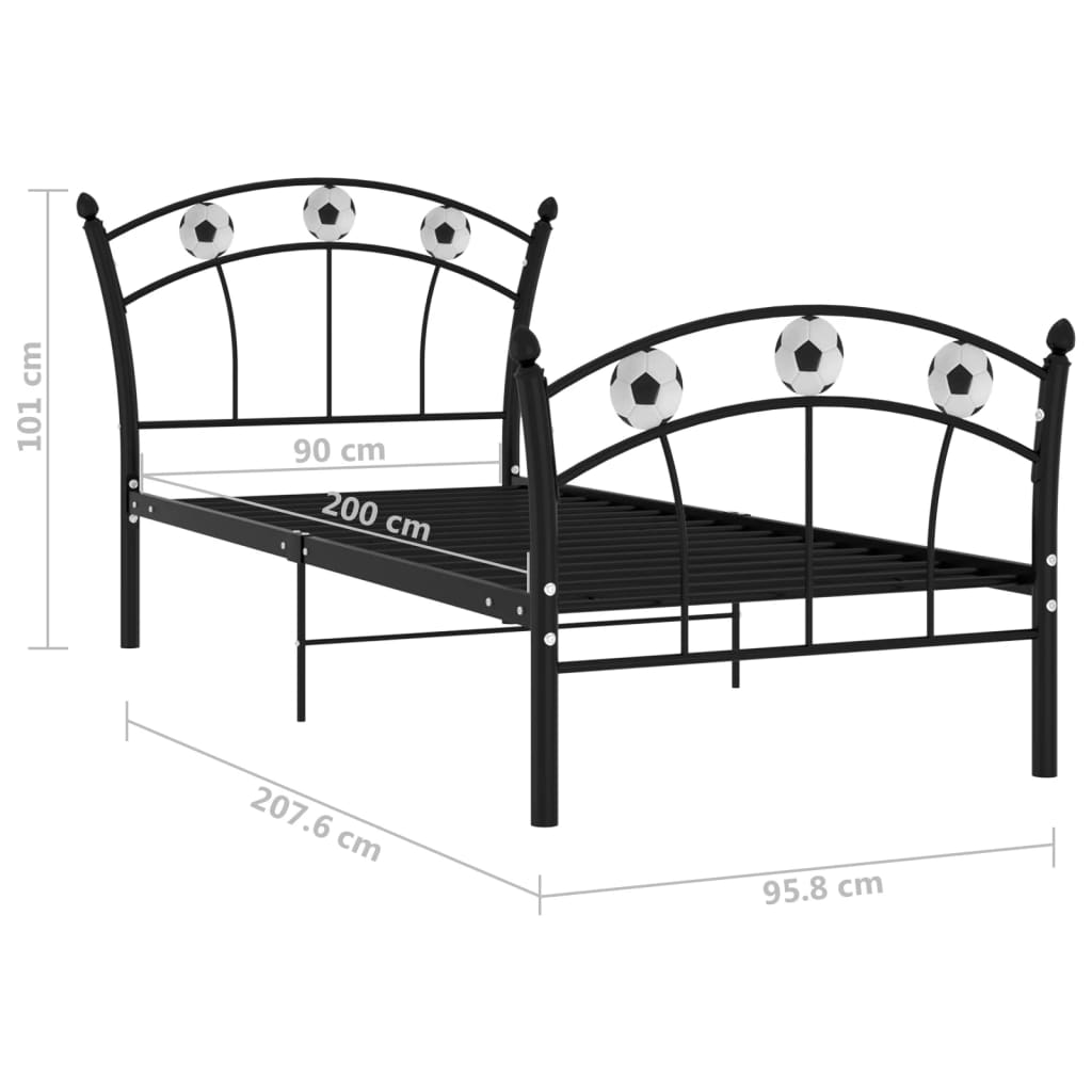 vidaXL gultas rāmis, futbola dizains, melns metāls, 90x200 cm