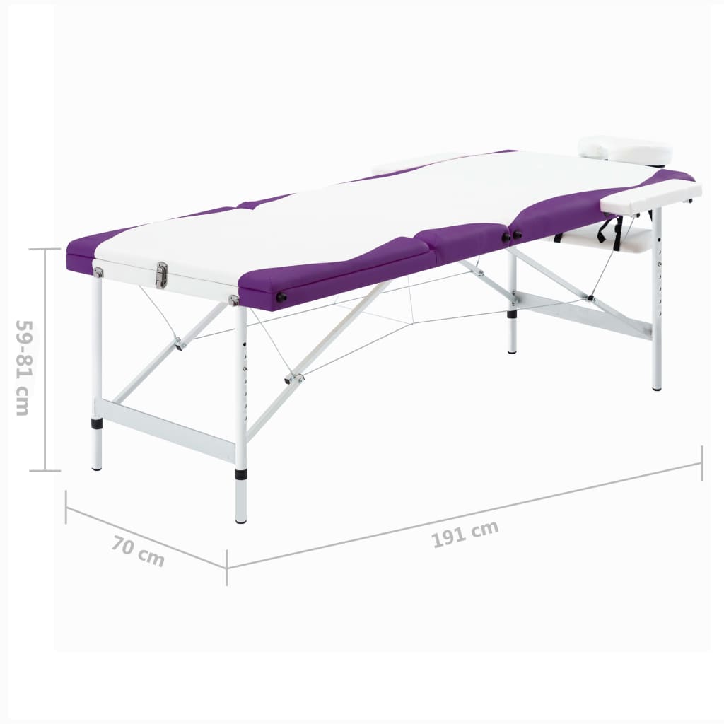 vidaXL saliekams masāžas galds, 3 daļas, alumīnijs, balts ar violetu