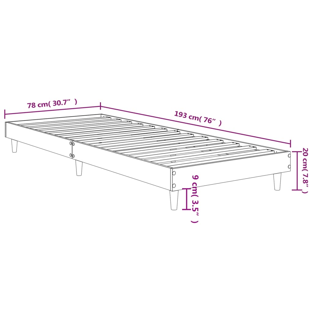 vidaXL gultas rāmis, melns, 75x190 cm, inženierijas koks