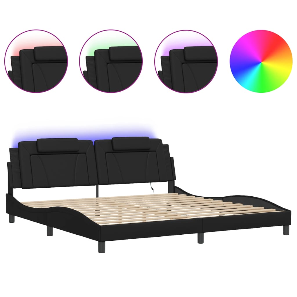 vidaXL gultas rāmis ar LED, melns, 200x200 cm, mākslīgā āda