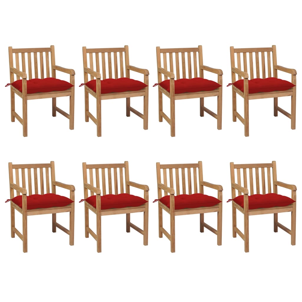 vidaXL dārza krēsli, 8 gab., sarkani matrači, masīvs tīkkoks