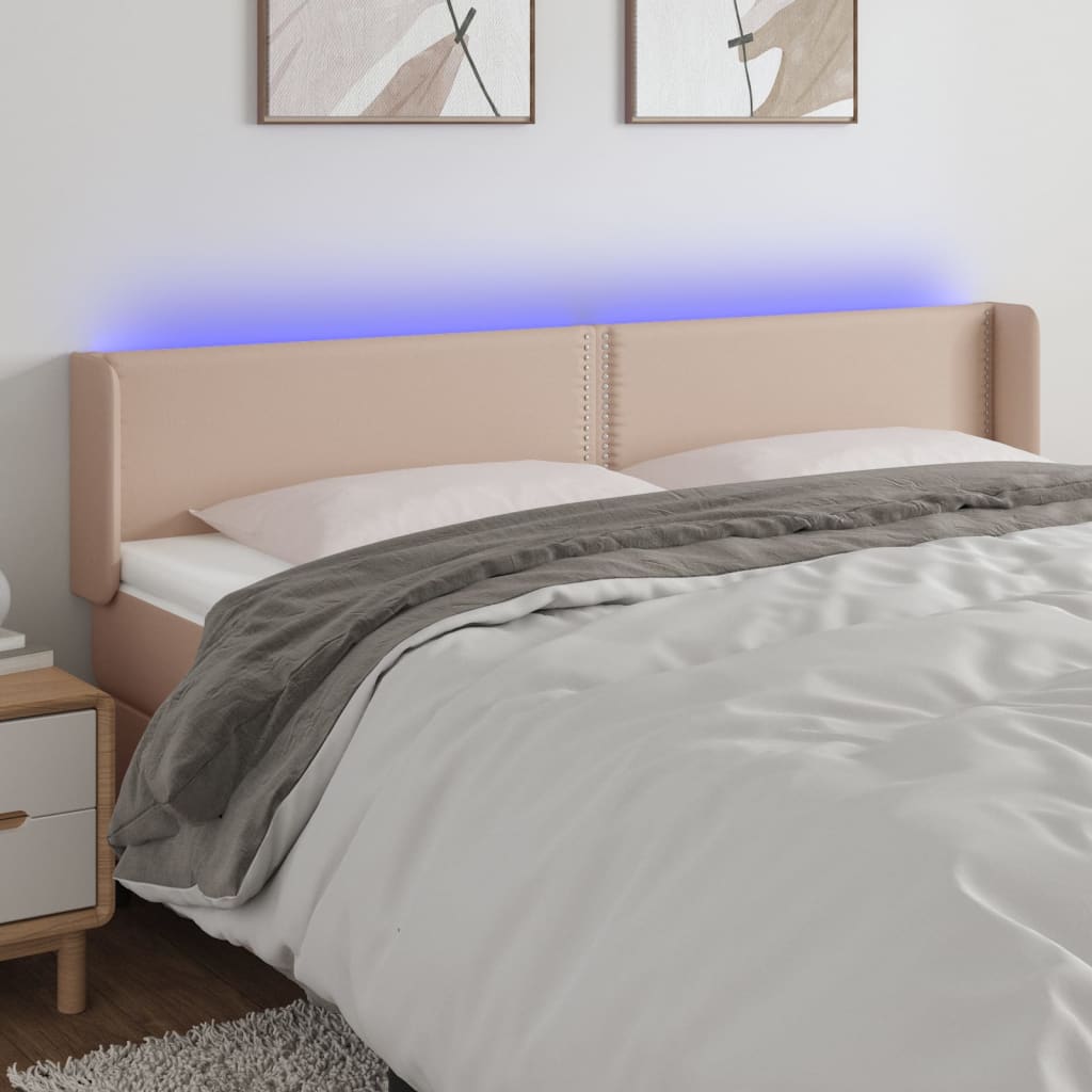 vidaXL gultas galvgalis ar LED, 183x16x78/88 cm, kapučīno mākslīgā āda